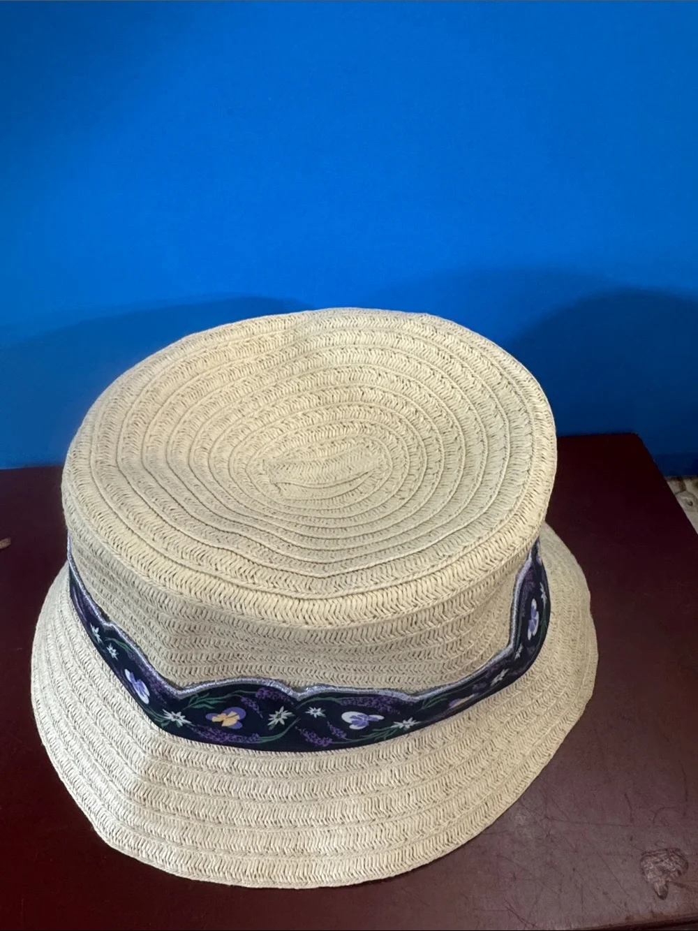 Disney Natural Straw Bucket Hat with Purple Floral Band. NWT